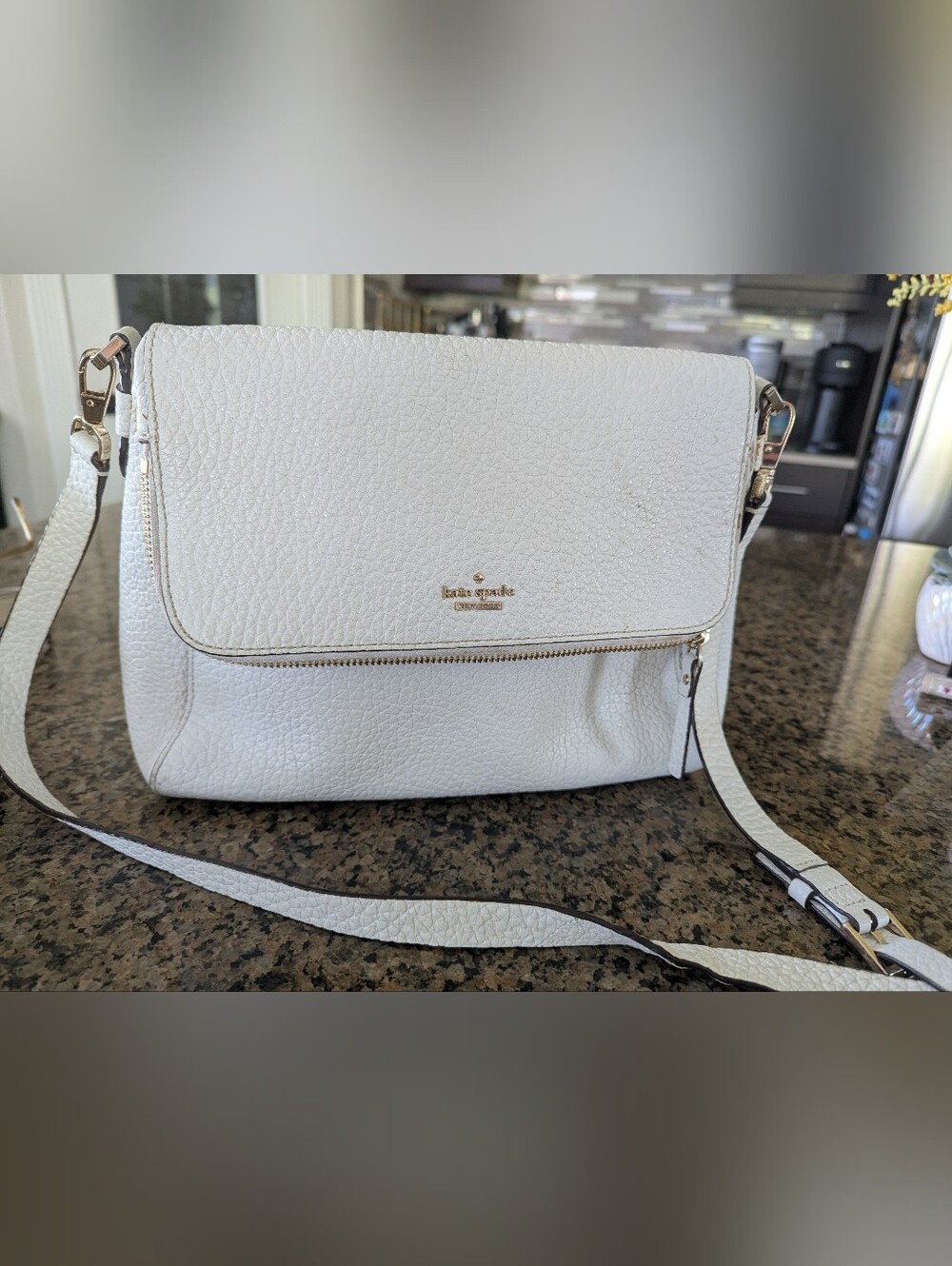 kate spade White Pebbled Leather Fold-Over Crossbody with Gold Hardware